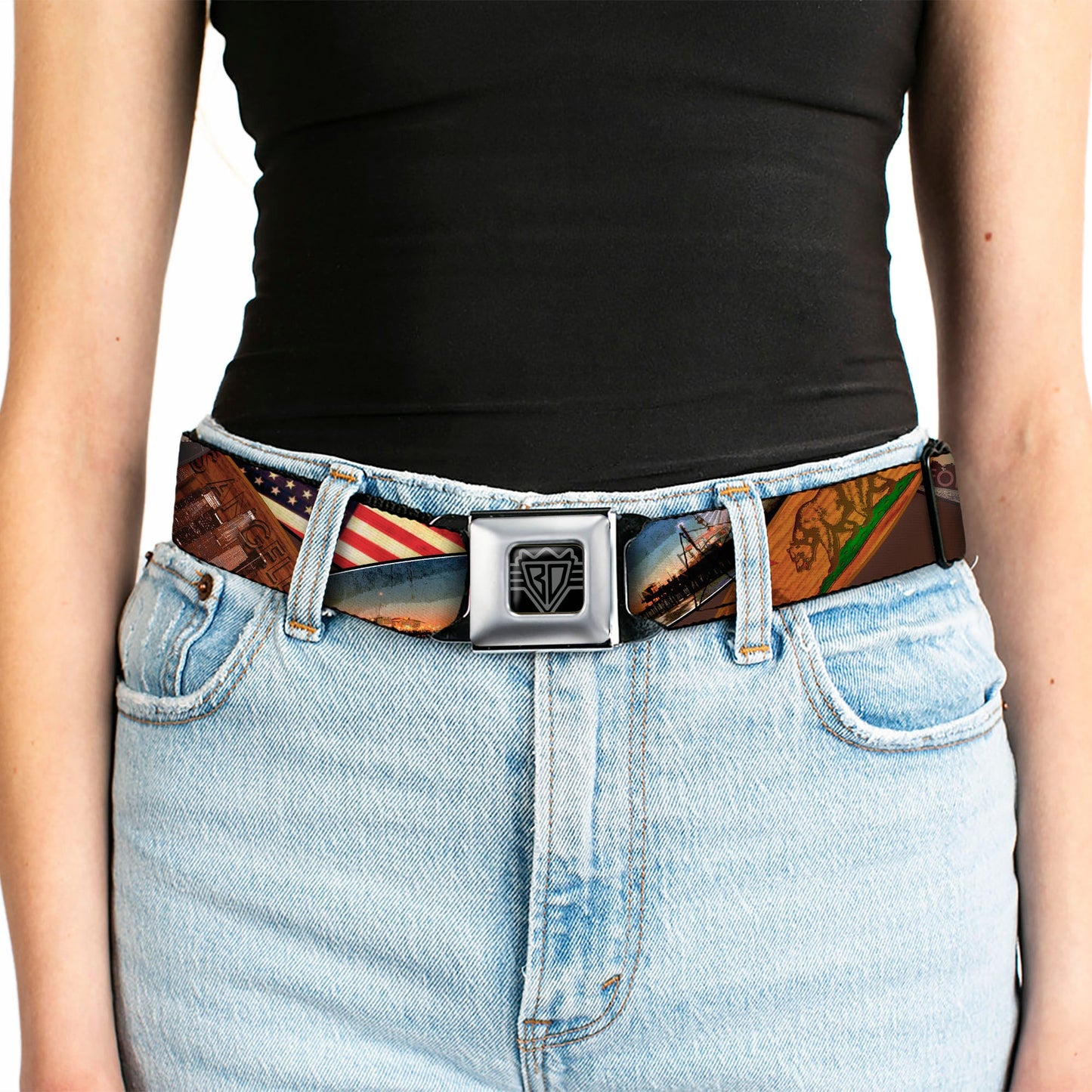 BD Wings Logo CLOSE - UP Full Color Black Silver Seatbelt Belt - Surfboard Cali Scenes/US Flag Stacked Brown Webbing - Seatbelt Belts - Buckle - Down