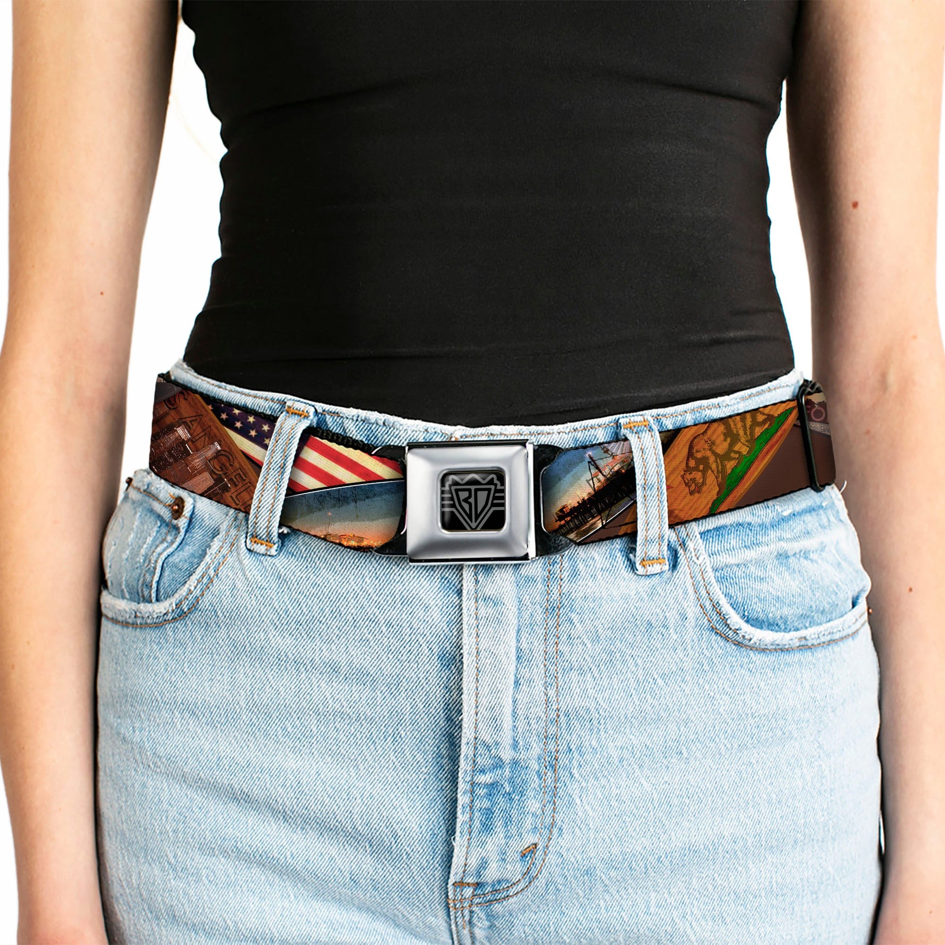 BD Wings Logo CLOSE - UP Full Color Black Silver Seatbelt Belt - Surfboard Cali Scenes/US Flag Stacked Brown Webbing - Seatbelt Belts - Buckle - Down