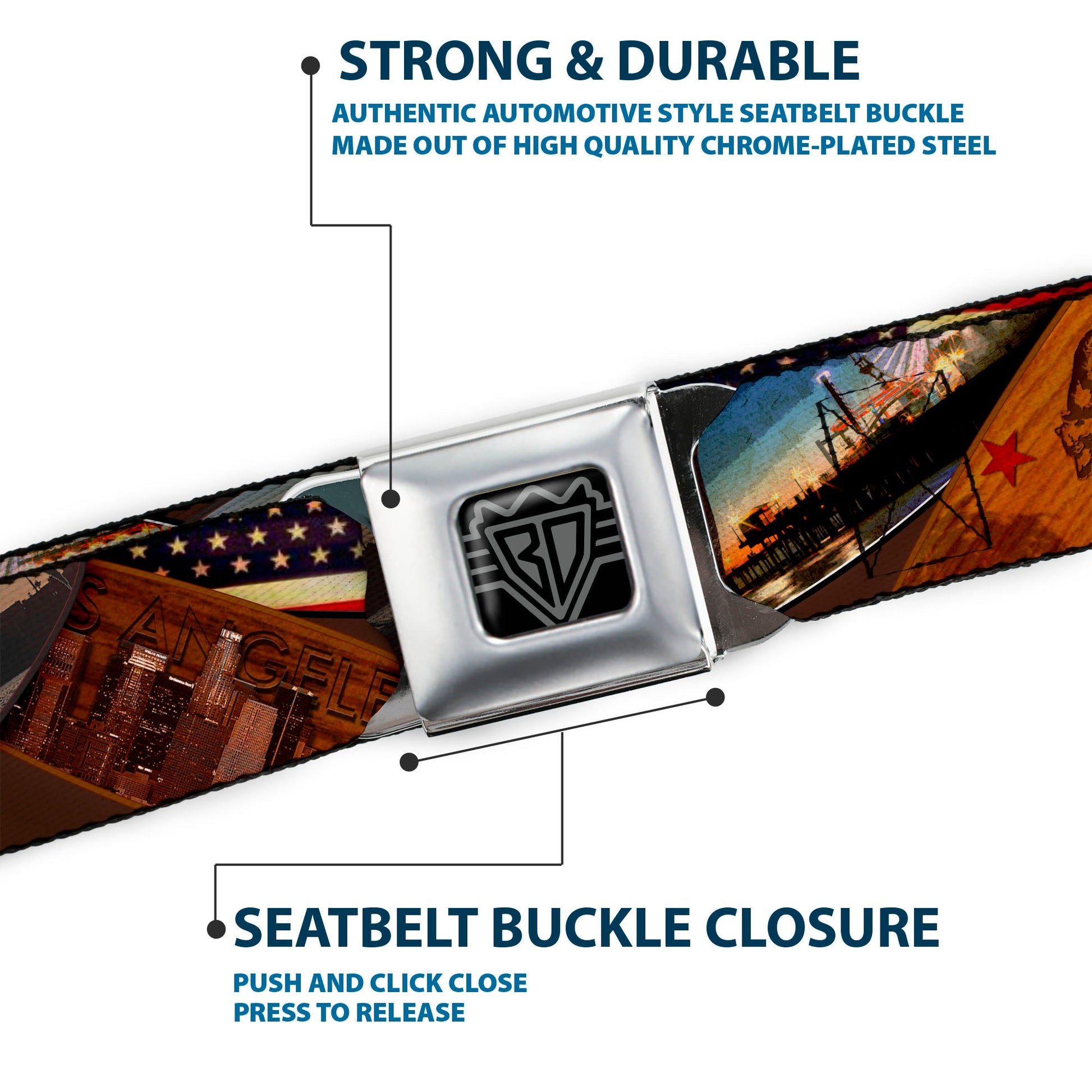 BD Wings Logo CLOSE - UP Full Color Black Silver Seatbelt Belt - Surfboard Cali Scenes/US Flag Stacked Brown Webbing - Seatbelt Belts - Buckle - Down