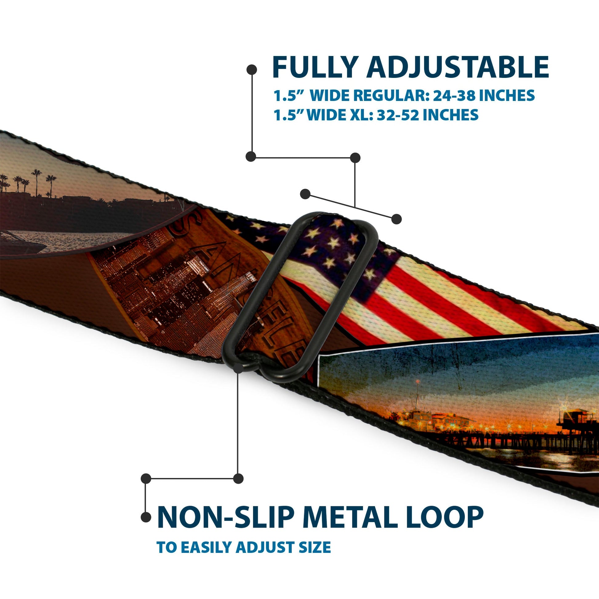 BD Wings Logo CLOSE - UP Full Color Black Silver Seatbelt Belt - Surfboard Cali Scenes/US Flag Stacked Brown Webbing - Seatbelt Belts - Buckle - Down