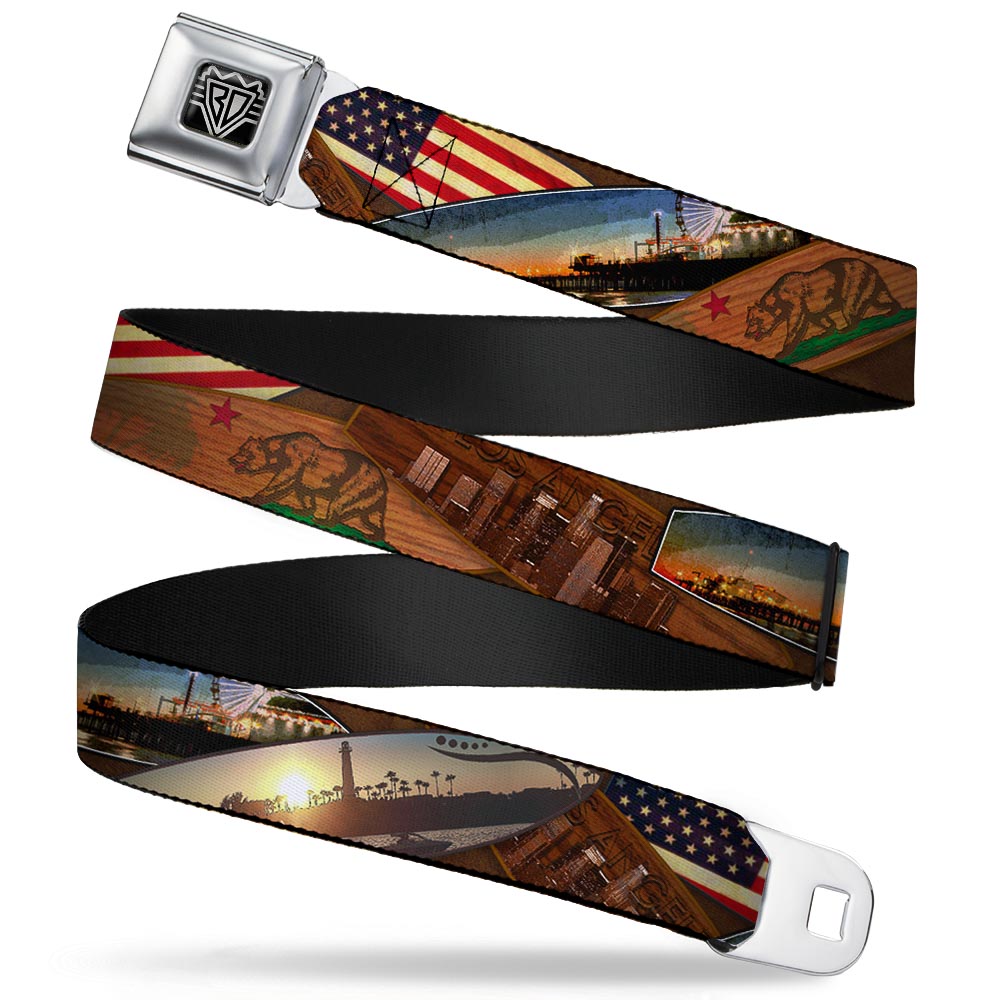 BD Wings Logo CLOSE - UP Full Color Black Silver Seatbelt Belt - Surfboard Cali Scenes/US Flag Stacked Brown Webbing - Seatbelt Belts - Buckle - Down