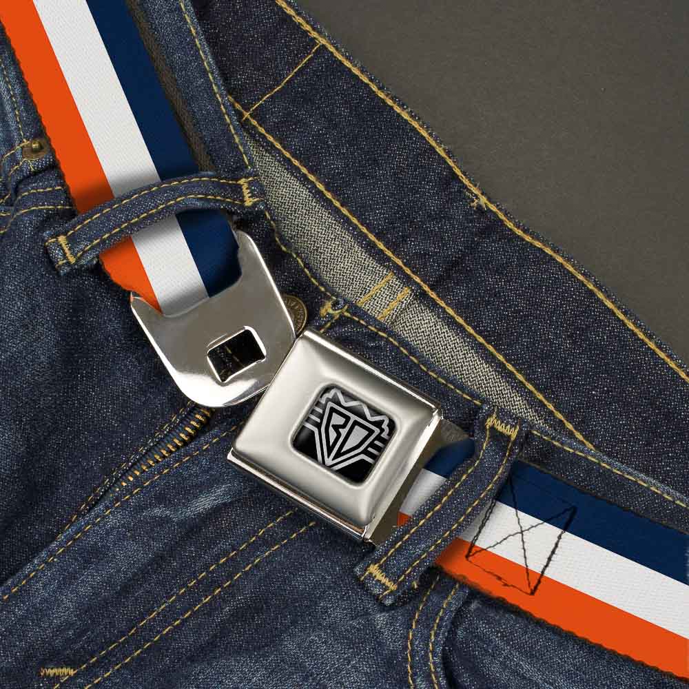 BD Wings Logo CLOSE - UP Full Color Black Silver Seatbelt Belt - Stripe Navy/White/Orange Webbing - Seatbelt Belts - Buckle - Down