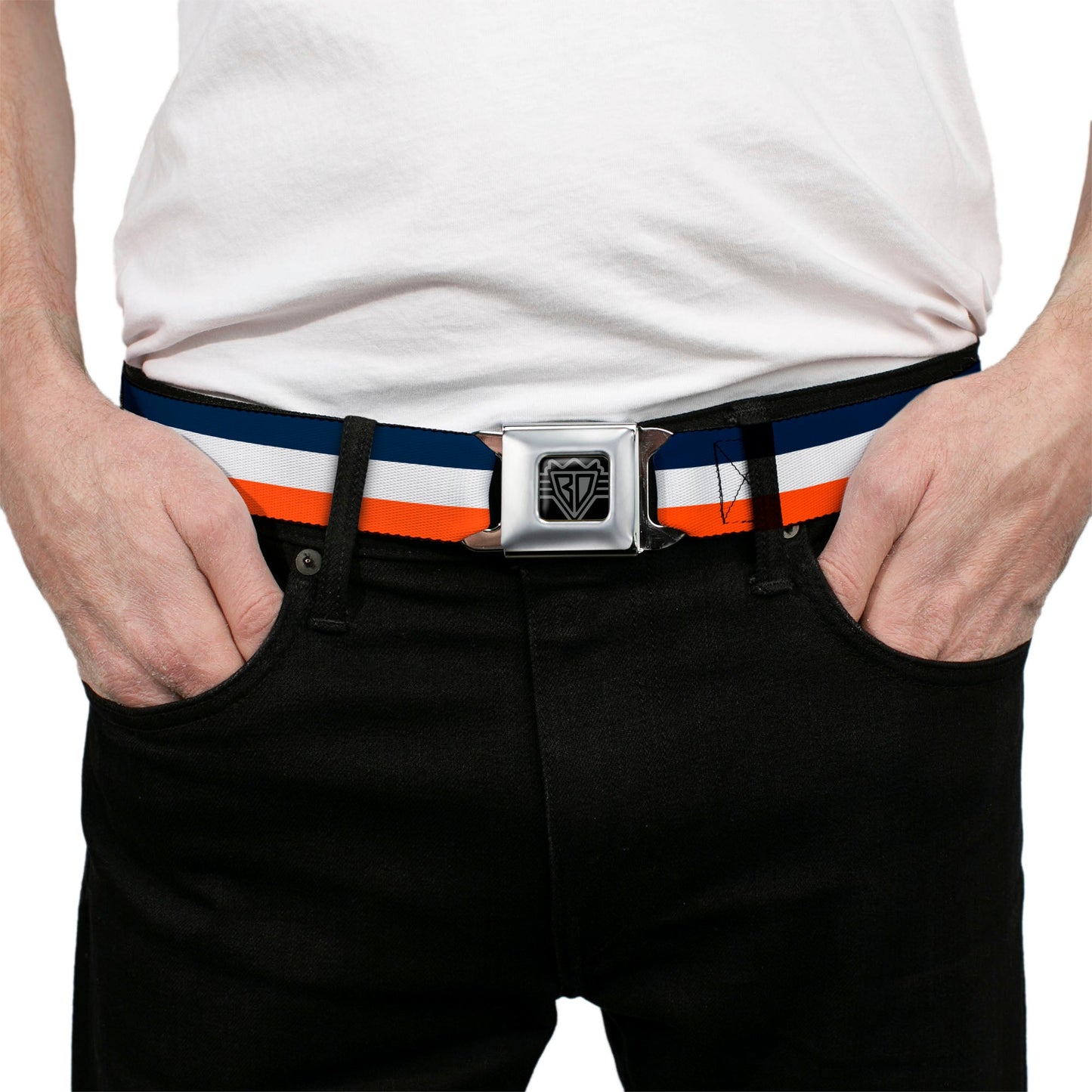 BD Wings Logo CLOSE - UP Full Color Black Silver Seatbelt Belt - Stripe Navy/White/Orange Webbing - Seatbelt Belts - Buckle - Down