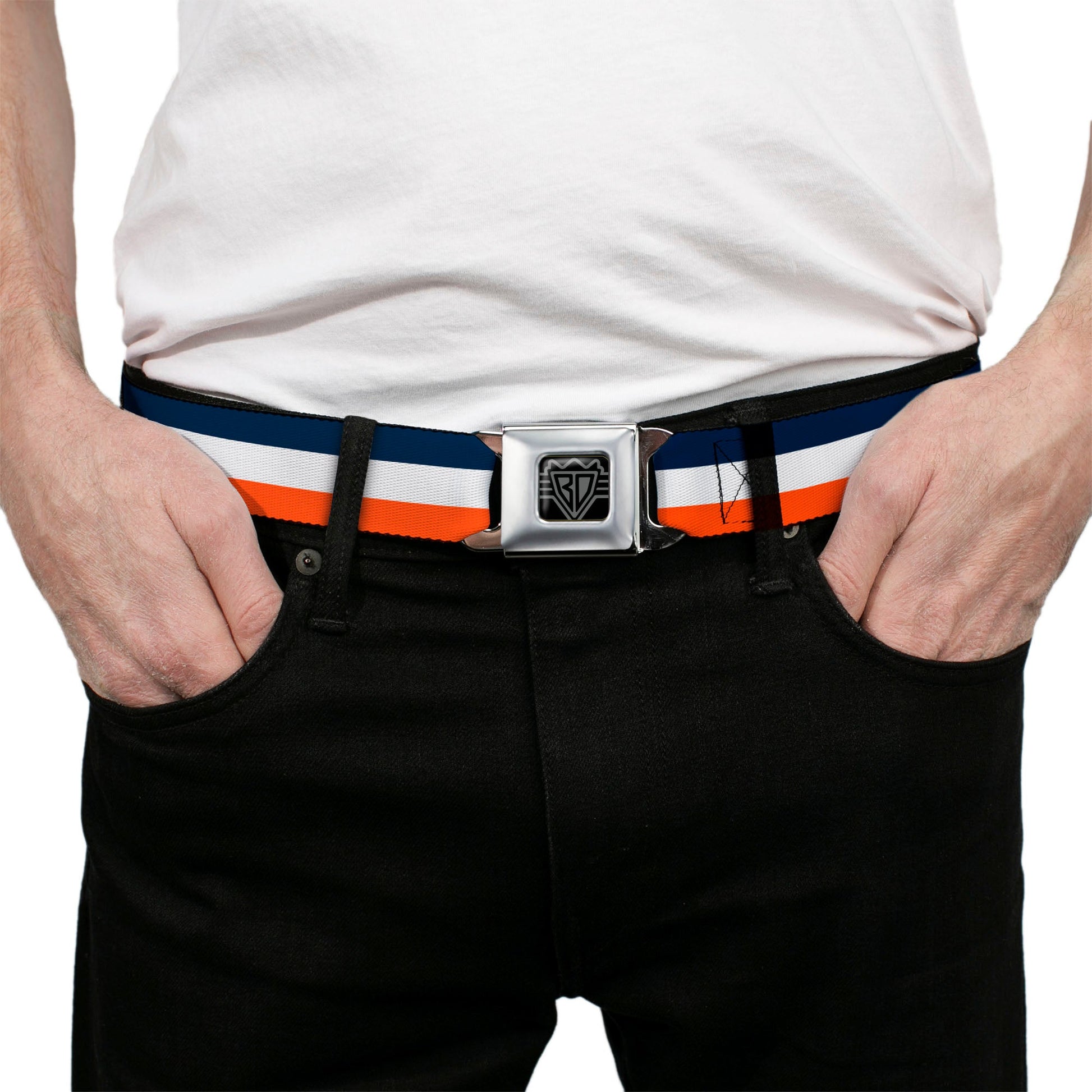 BD Wings Logo CLOSE - UP Full Color Black Silver Seatbelt Belt - Stripe Navy/White/Orange Webbing - Seatbelt Belts - Buckle - Down