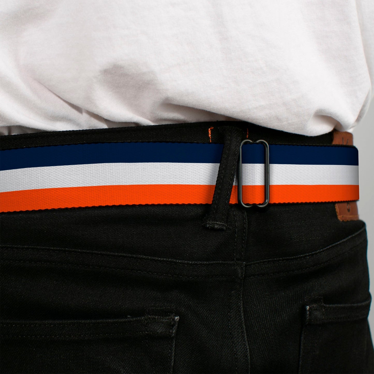 BD Wings Logo CLOSE - UP Full Color Black Silver Seatbelt Belt - Stripe Navy/White/Orange Webbing - Seatbelt Belts - Buckle - Down