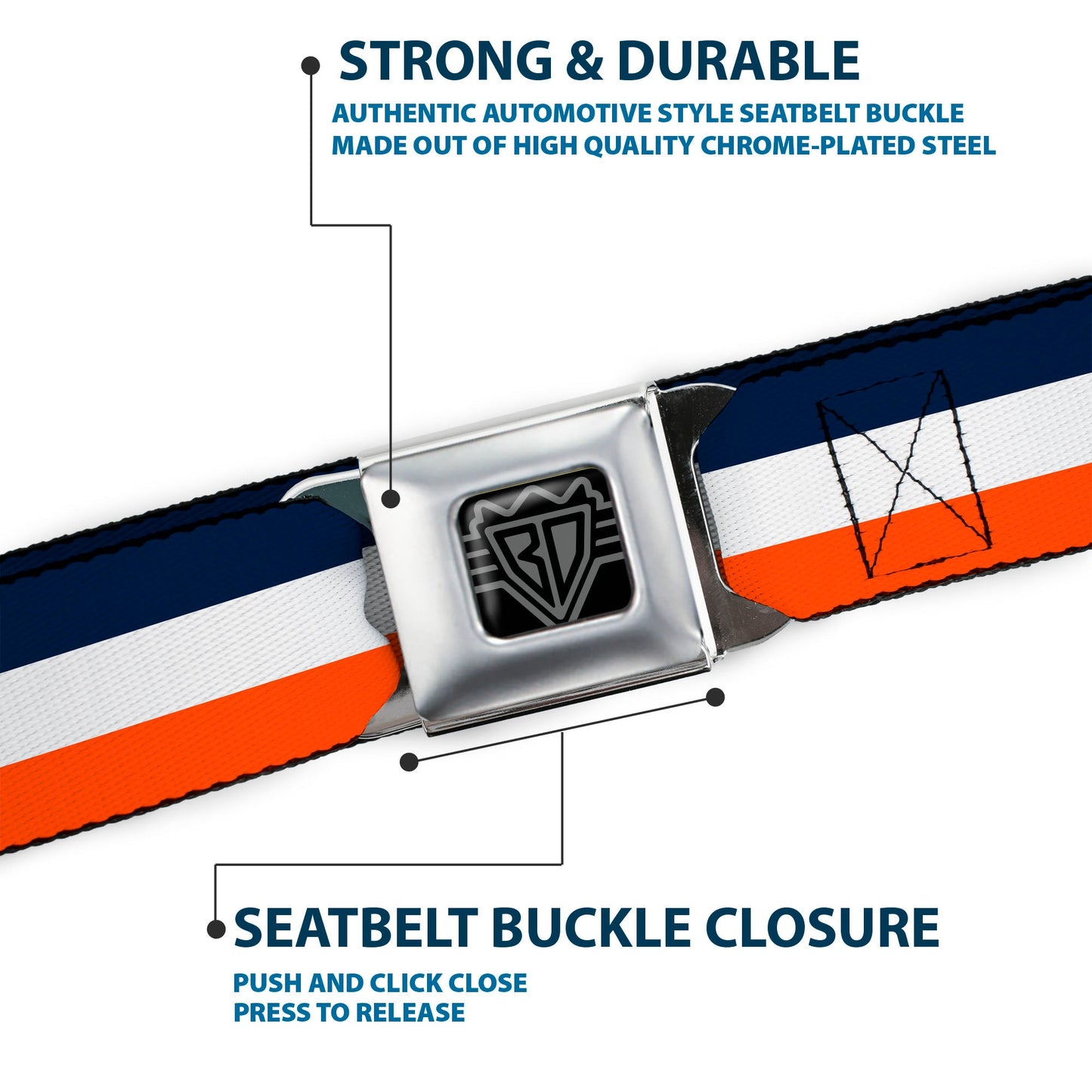 BD Wings Logo CLOSE - UP Full Color Black Silver Seatbelt Belt - Stripe Navy/White/Orange Webbing - Seatbelt Belts - Buckle - Down