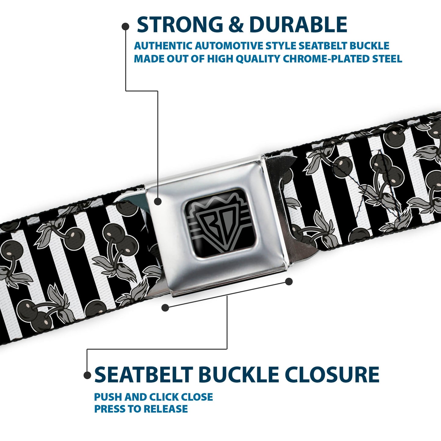 BD Wings Logo CLOSE - UP Full Color Black Silver Seatbelt Belt - Cherries Scattered/Vertical Stripe White/Black/Grays Webbing - Seatbelt Belts - Buckle - Down