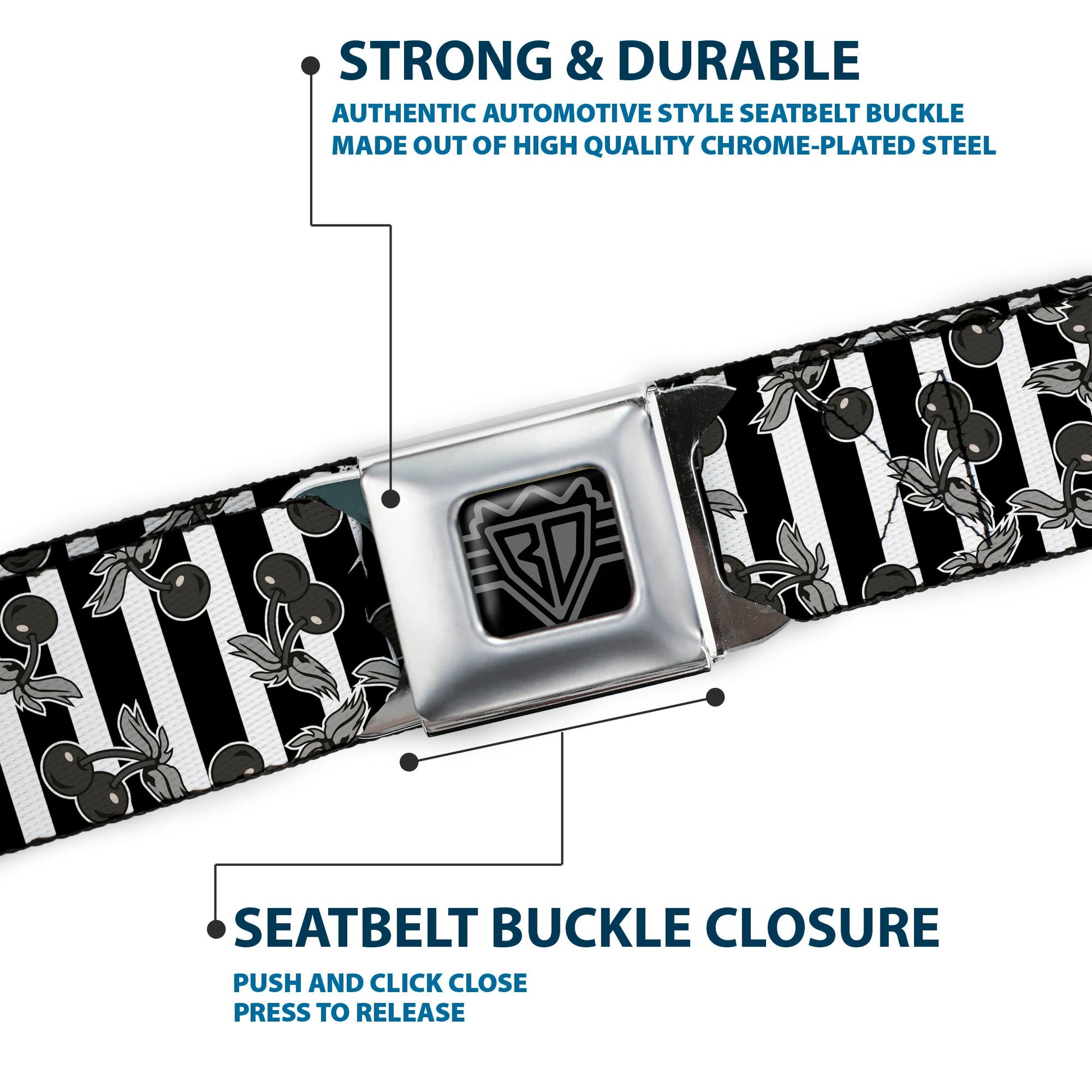 BD Wings Logo CLOSE - UP Full Color Black Silver Seatbelt Belt - Cherries Scattered/Vertical Stripe White/Black/Grays Webbing - Seatbelt Belts - Buckle - Down