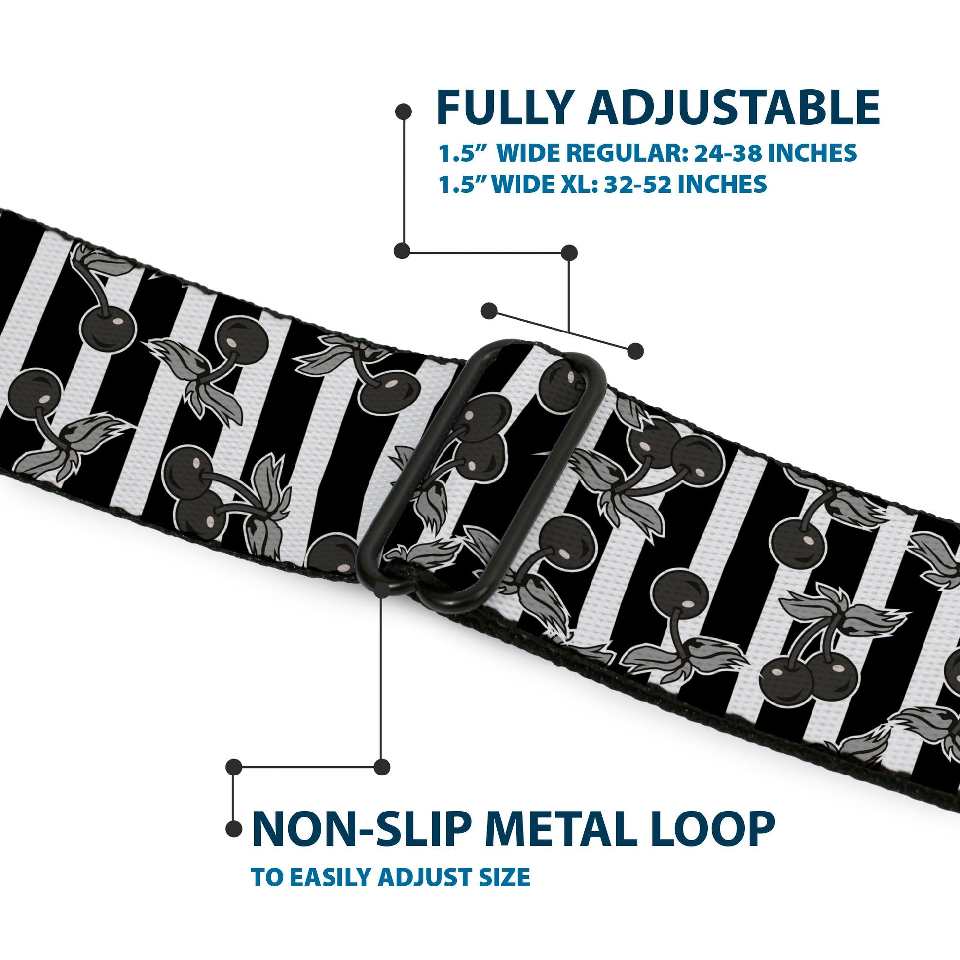 BD Wings Logo CLOSE - UP Full Color Black Silver Seatbelt Belt - Cherries Scattered/Vertical Stripe White/Black/Grays Webbing - Seatbelt Belts - Buckle - Down