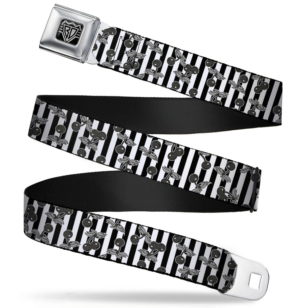 BD Wings Logo CLOSE - UP Full Color Black Silver Seatbelt Belt - Cherries Scattered/Vertical Stripe White/Black/Grays Webbing - Seatbelt Belts - Buckle - Down