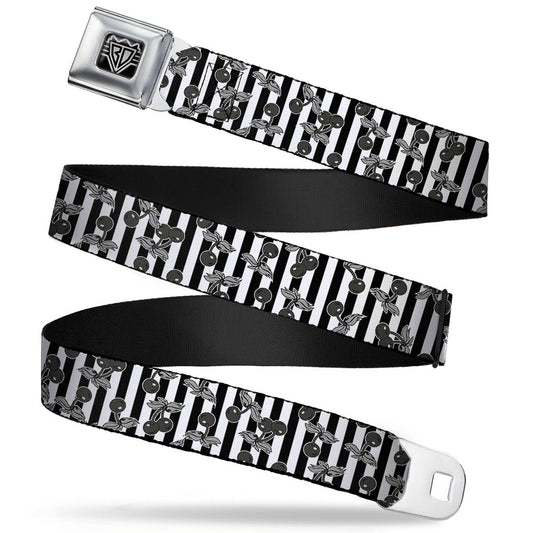 BD Wings Logo CLOSE - UP Full Color Black Silver Seatbelt Belt - Cherries Scattered/Vertical Stripe White/Black/Grays Webbing - Seatbelt Belts - Buckle - Down