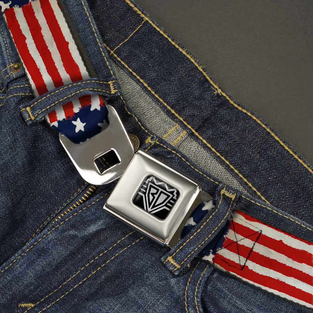 BD Wings Logo CLOSE - UP Full Color Black Silver Seatbelt Belt - Stars & Stripes Painting Webbing - Seatbelt Belts - Buckle - Down