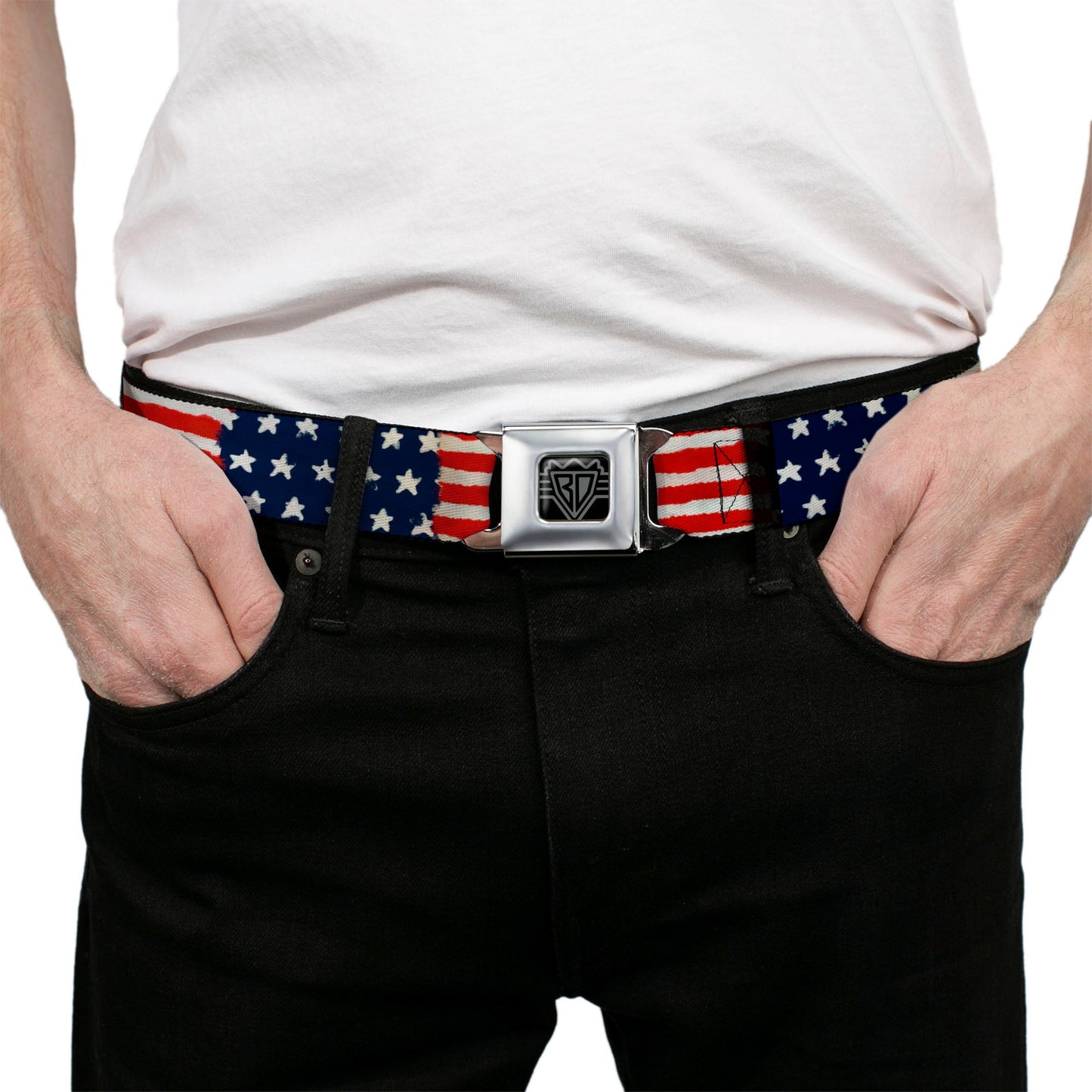 BD Wings Logo CLOSE - UP Full Color Black Silver Seatbelt Belt - Stars & Stripes Painting Webbing - Seatbelt Belts - Buckle - Down