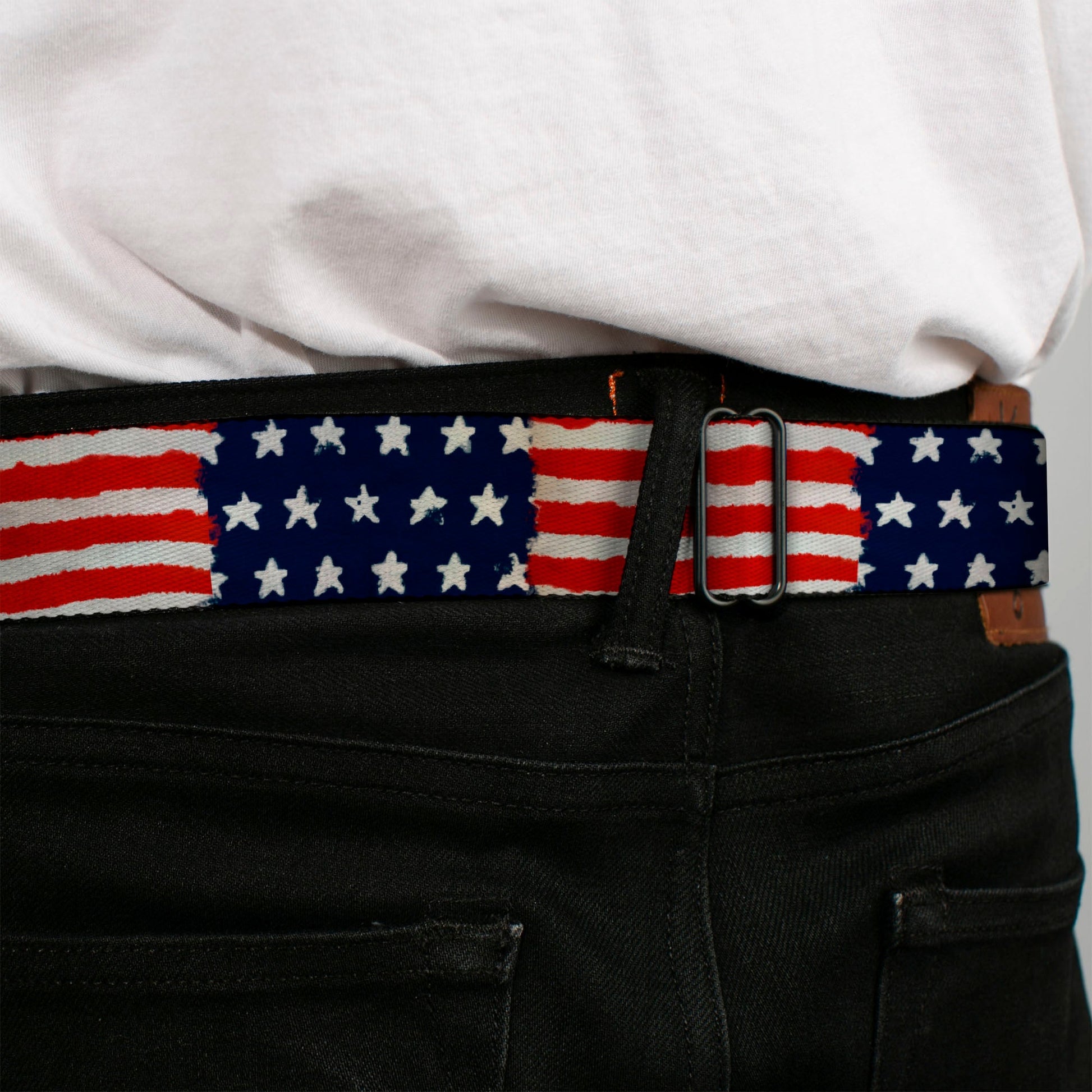 BD Wings Logo CLOSE - UP Full Color Black Silver Seatbelt Belt - Stars & Stripes Painting Webbing - Seatbelt Belts - Buckle - Down