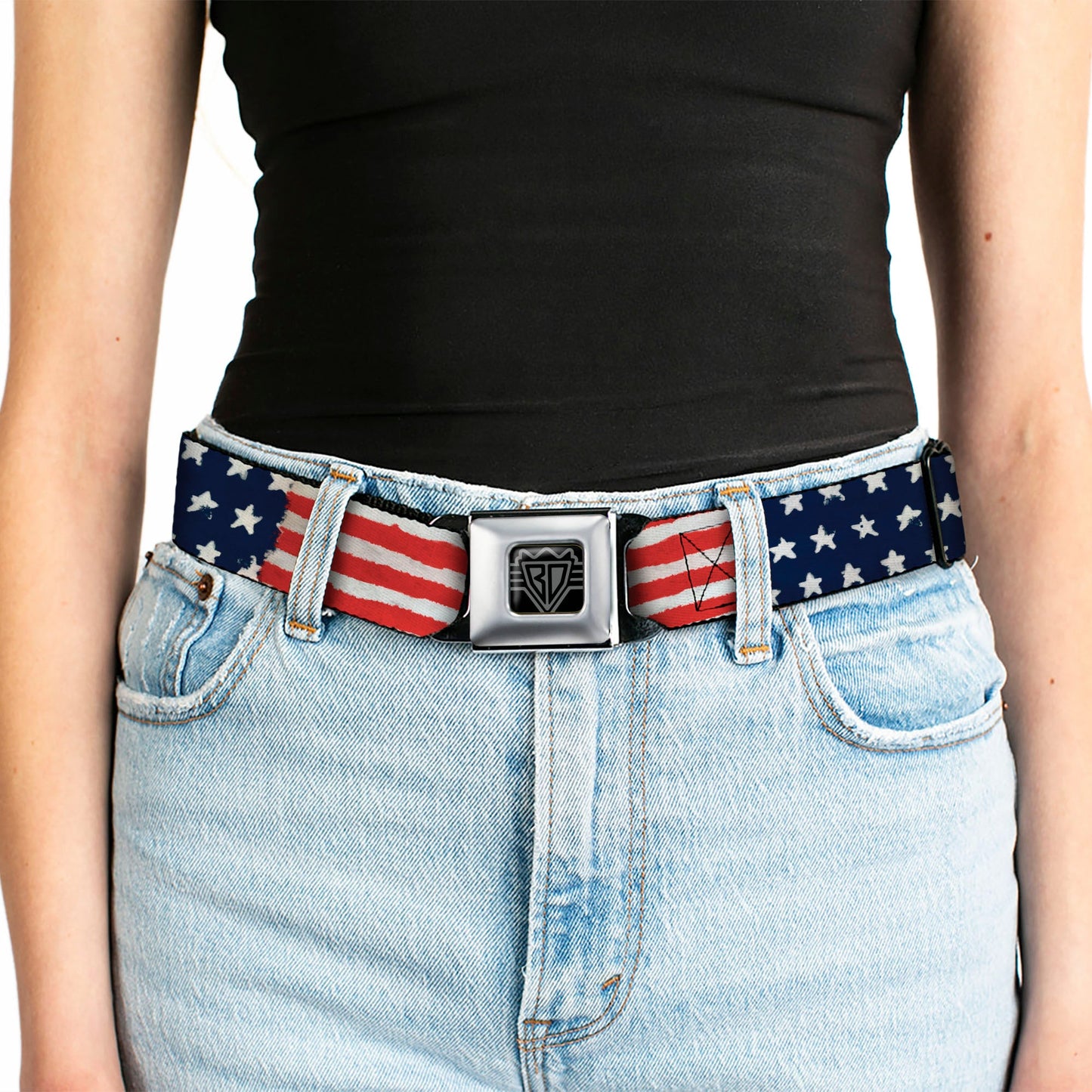 BD Wings Logo CLOSE - UP Full Color Black Silver Seatbelt Belt - Stars & Stripes Painting Webbing - Seatbelt Belts - Buckle - Down