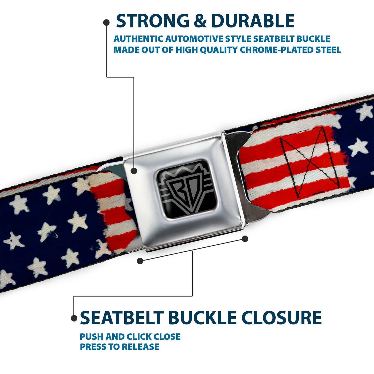 BD Wings Logo CLOSE - UP Full Color Black Silver Seatbelt Belt - Stars & Stripes Painting Webbing - Seatbelt Belts - Buckle - Down