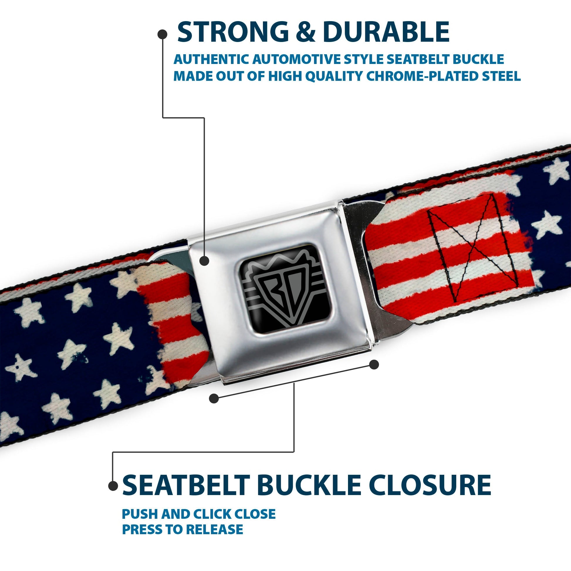 BD Wings Logo CLOSE - UP Full Color Black Silver Seatbelt Belt - Stars & Stripes Painting Webbing - Seatbelt Belts - Buckle - Down