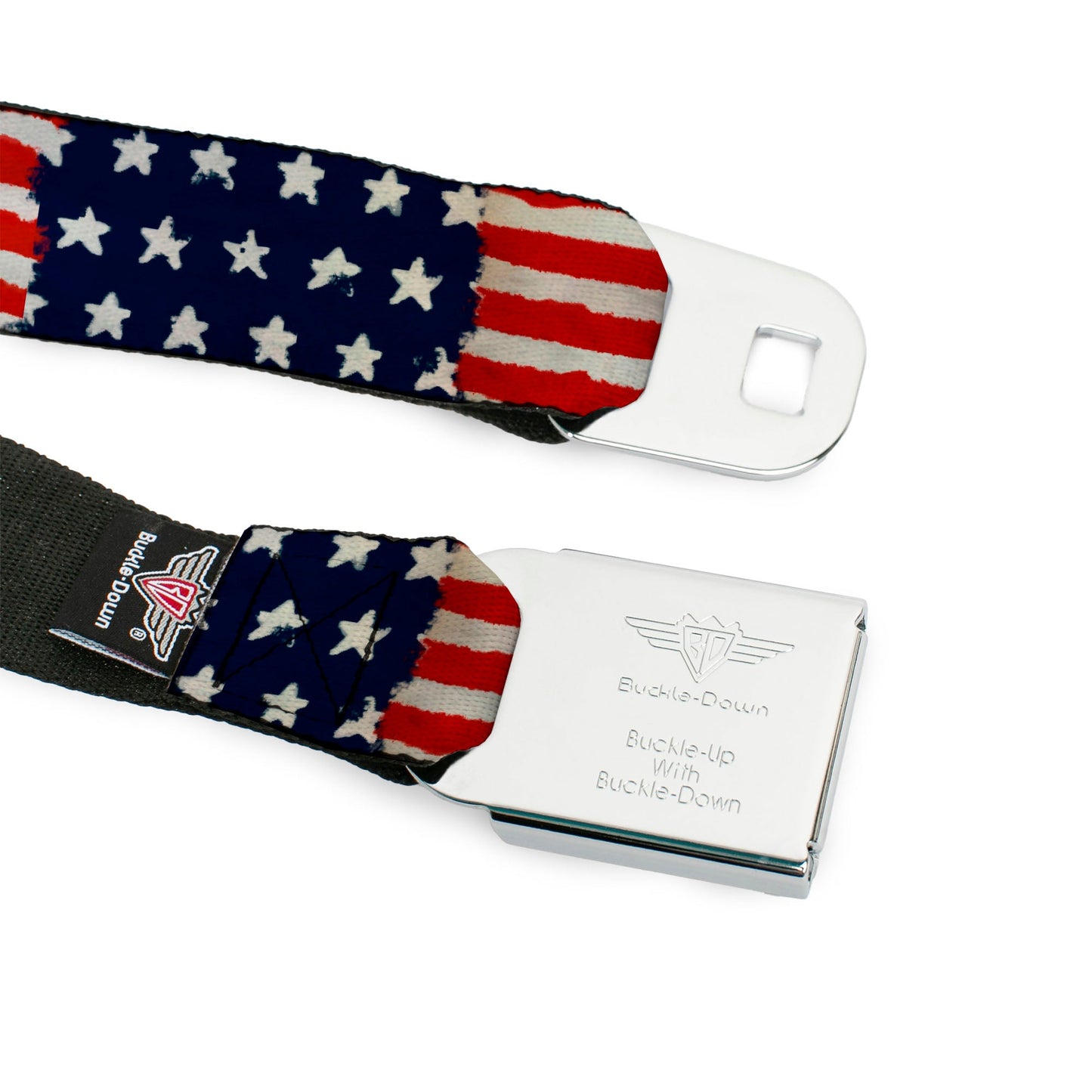 BD Wings Logo CLOSE - UP Full Color Black Silver Seatbelt Belt - Stars & Stripes Painting Webbing - Seatbelt Belts - Buckle - Down