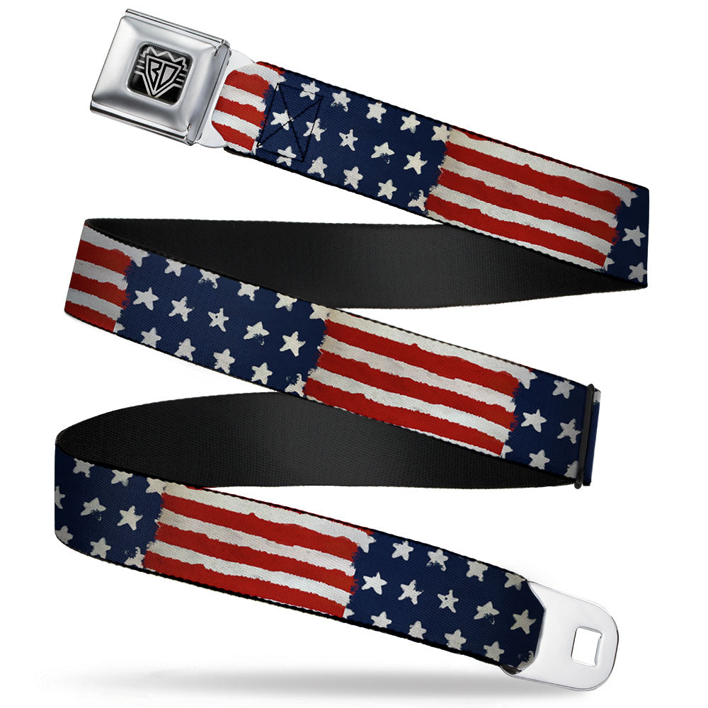 BD Wings Logo CLOSE - UP Full Color Black Silver Seatbelt Belt - Stars & Stripes Painting Webbing - Seatbelt Belts - Buckle - Down