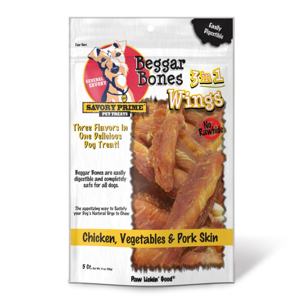 Savory Prime Beggar Bone 3in1 Wings Dog Treat Chicken, Vegetable & Pork (5ct) (4oz)
