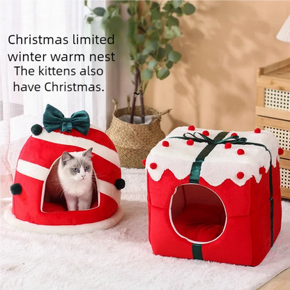Winter Closed Cat Nest - Christmas Gift Box Sleeping House for Festive Pets