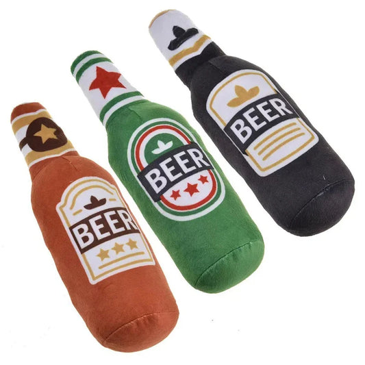 Plush Beer Bottle Dog Toy – Squeaky, Bite - Resistant, Teeth Cleaning - WTN Essentials