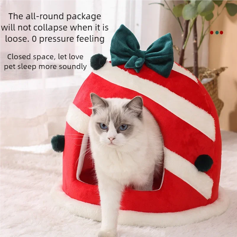 Winter Closed Cat Nest - Christmas Gift Box Sleeping House for Festive Pets