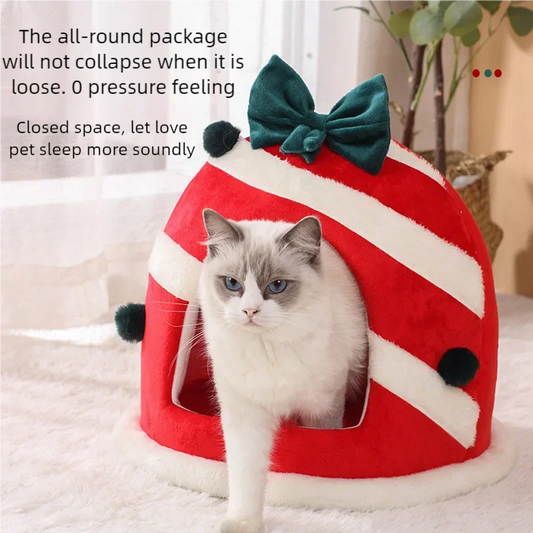 Winter Closed Cat Nest - Christmas Gift Box Sleeping House for Festive Pets