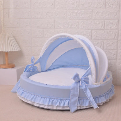 Luxury Round Pet Bed with Lace Trim - Washable Dog Bed