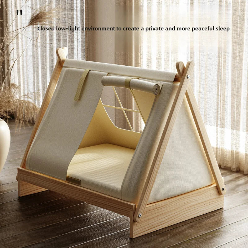 Wooden Oxford Cloth Dog Bed - Elevated Moisture-Proof Tent Shelter