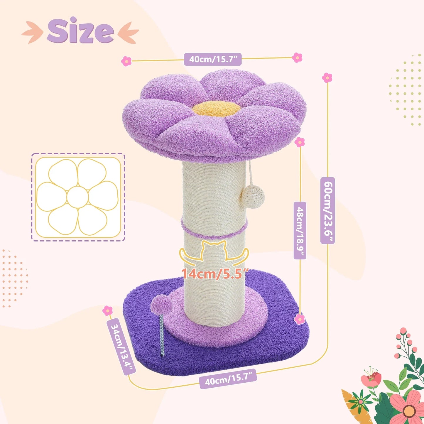 Pink Flower Cat Tree - Sisal Scratching Post with Perch