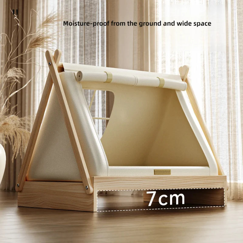Wooden Oxford Cloth Dog Bed - Elevated Moisture-Proof Tent Shelter