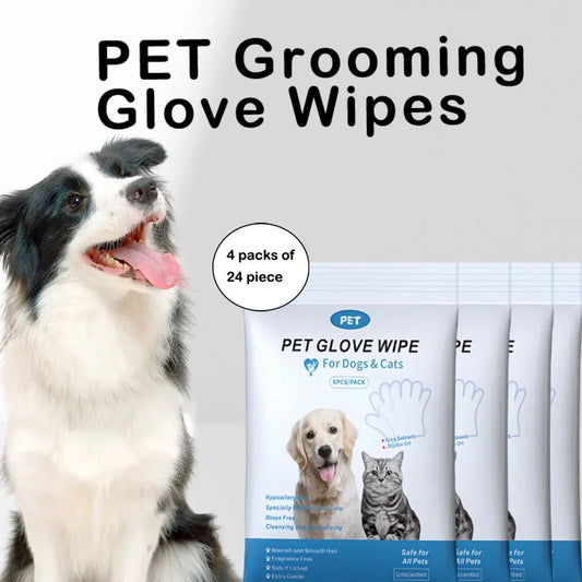 Pet Cleaning Wipes - 96 Count Gentle Disposable Glove Wipes (4 Packs)