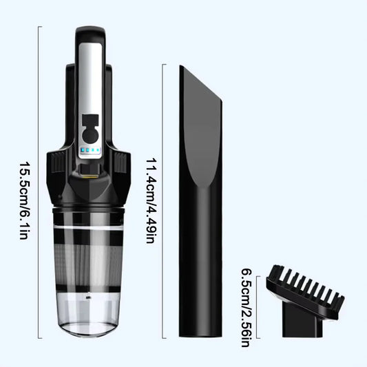 Black hair dryer with attachments and measurements on a white background