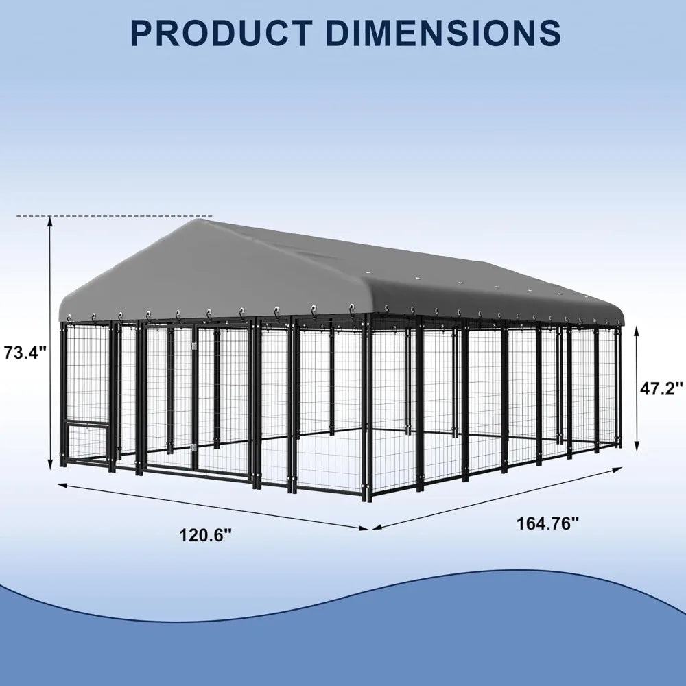 10x14ft Outdoor Dog Kennel - Spacious Double Door Run with Feeding Station - Tail chasers