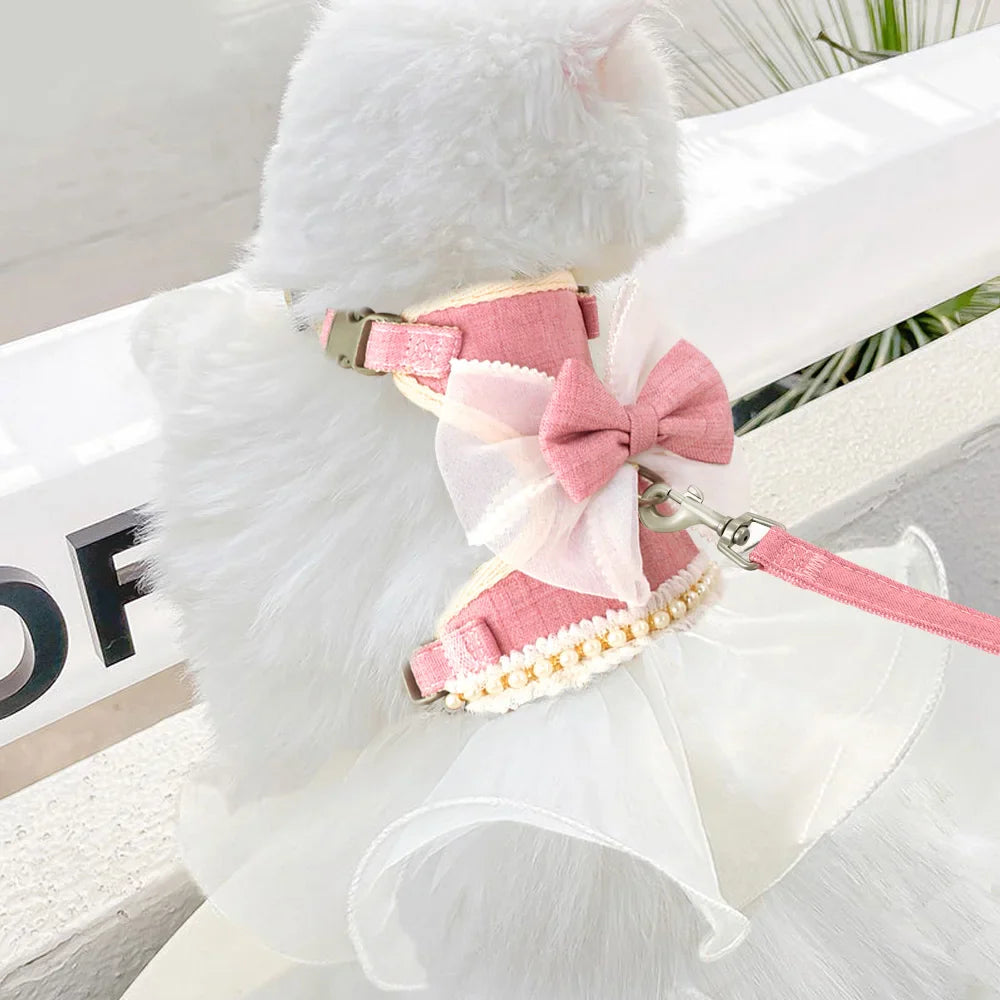 Floral Bowknot Cat Harness Dress and Leash Set for Walking