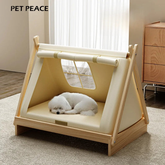 Wooden Oxford Cloth Dog Bed - Elevated Moisture-Proof Tent Shelter