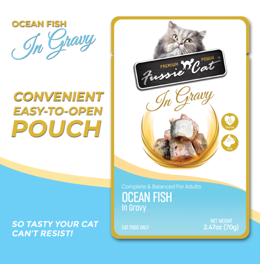 Fussie Cat Pouch - Ocean Fish in Gravy (2.47oz) - Wet Cat Food - The Family Pet