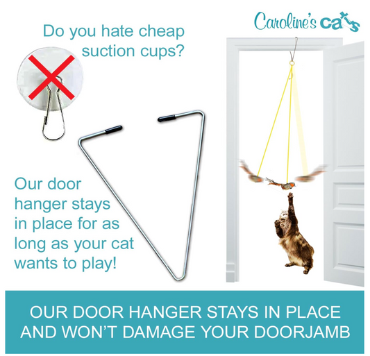 Caroline's Cats Plush Chirping Bird Cat Toy on Elastic String with Doorway Hanger - No Flimsy Suction Cups; Real Electronic Avian Sounds