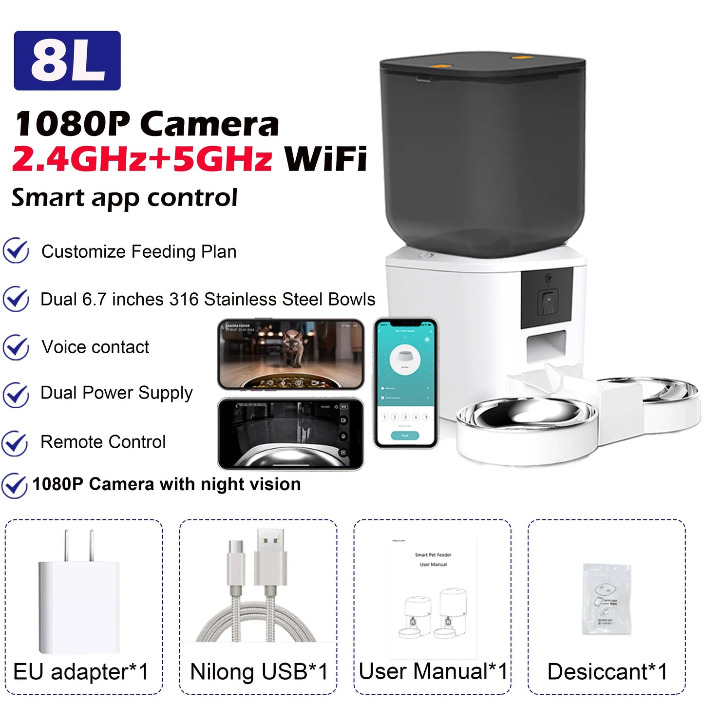 White 8L smart pet feeder with dual stainless steel bowls, 1080P camera, black hopper, and app control on smartphone.