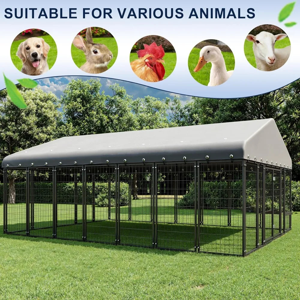10x14ft Outdoor Dog Kennel - Spacious Double Door Run with Feeding Station - Tail chasers