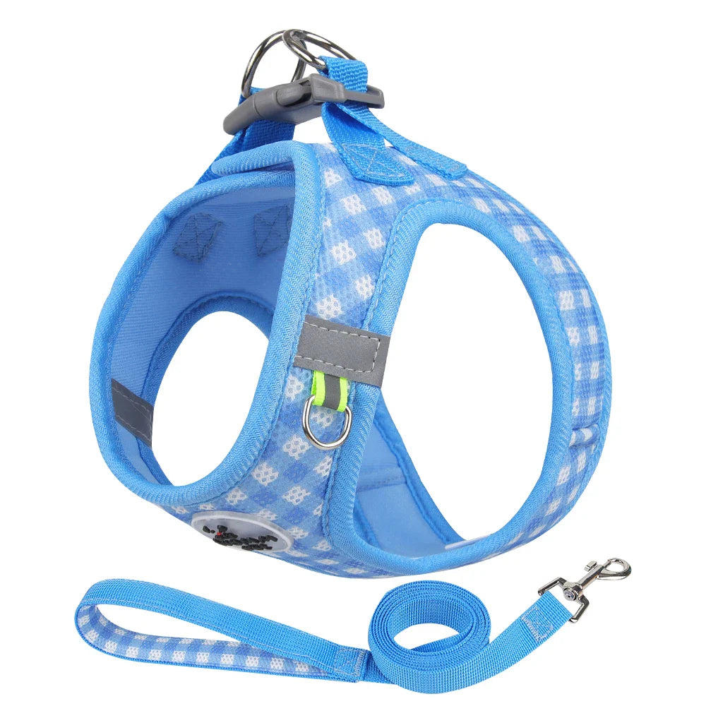 Checkered Dog Harness and Leash Set for Safe Pet Walking