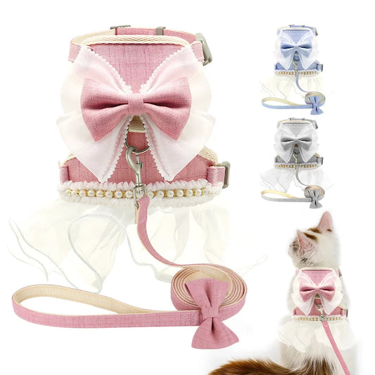 Floral Bowknot Cat Harness Dress and Leash Set for Walking