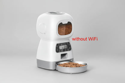White and gray pet food dispenser with a bowl of kibble on a white background, featuring text 'without WiFi'.