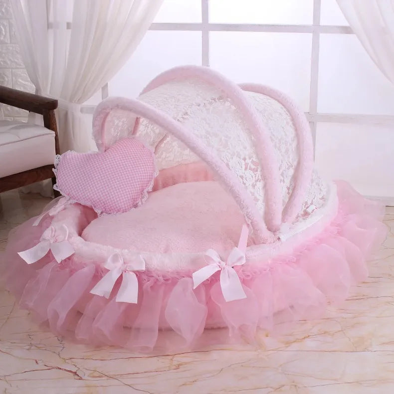 Luxury Round Pet Bed with Lace Trim - Washable Dog Bed