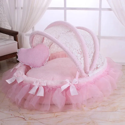 Luxury Round Pet Bed with Lace Trim - Washable Dog Bed