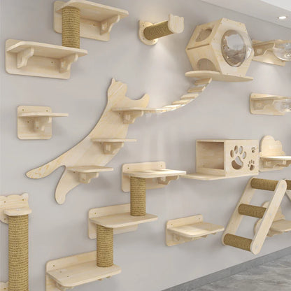 Wall Mounted Cat Shelves - Scratching Post & Climbing Platform Set