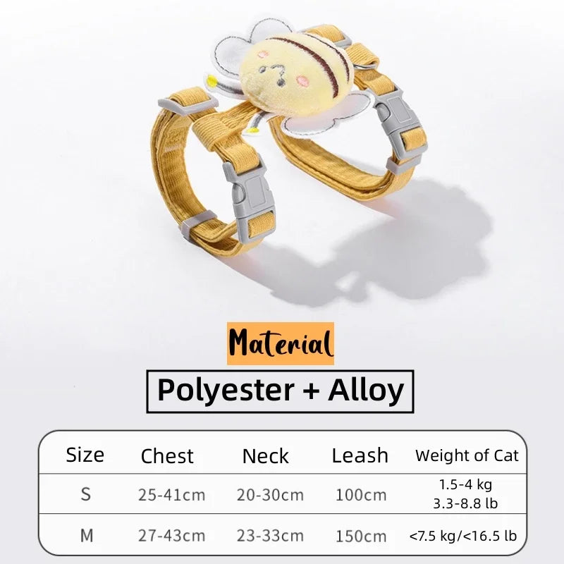 Cat Harness Leash Collar Set - Adjustable Cartoon Bee Design