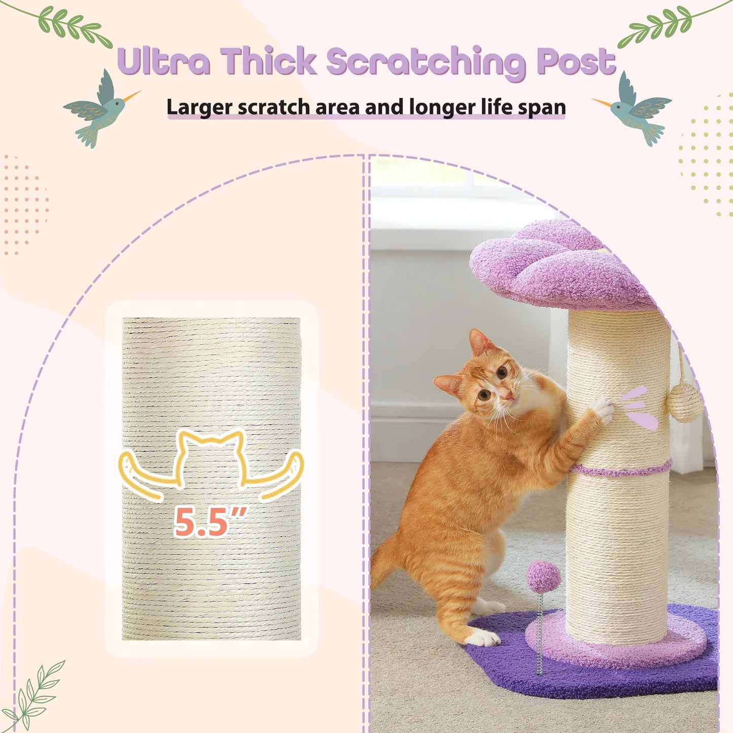 Pink Flower Cat Tree - Sisal Scratching Post with Perch