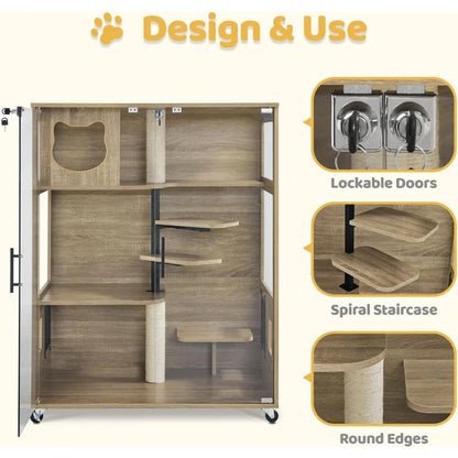 Wooden Cat House - Luxury Large Condo with Lockable Wheels & Escape Door
